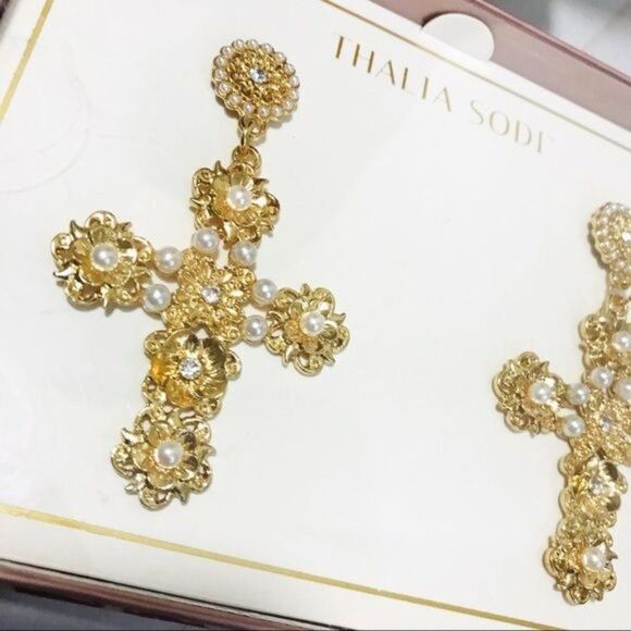 THALIA SODI Gold Statement Baroque Cross Pearl Earrings - Picture 1 of 4